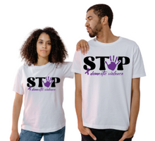 Load image into Gallery viewer, Stop Domestic Violence Awareness T-Shirt | Purple Ribbon & Handprint Tee
