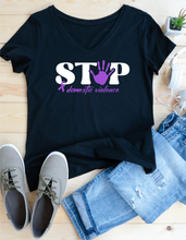 Load image into Gallery viewer, Stop Domestic Violence Awareness T-Shirt | Purple Ribbon &amp; Handprint Tee
