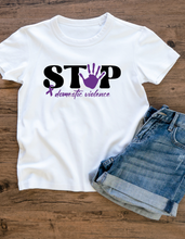 Load image into Gallery viewer, Stop Domestic Violence Awareness T-Shirt | Purple Ribbon &amp; Handprint Tee
