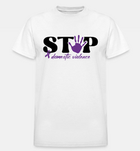 Load image into Gallery viewer, Stop Domestic Violence Awareness T-Shirt | Purple Ribbon &amp; Handprint Tee
