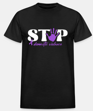 Load image into Gallery viewer, Stop Domestic Violence Awareness T-Shirt | Purple Ribbon &amp; Handprint Tee
